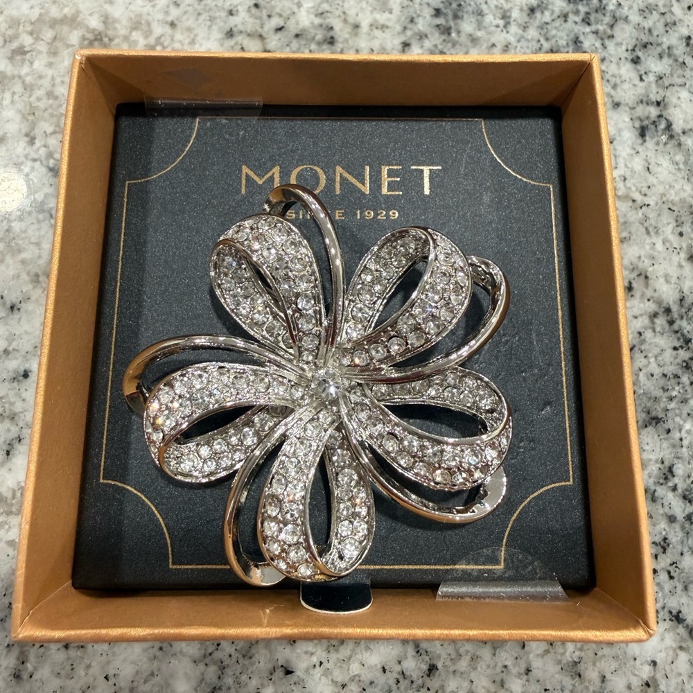Monet Silver Crystal Flower Brooch